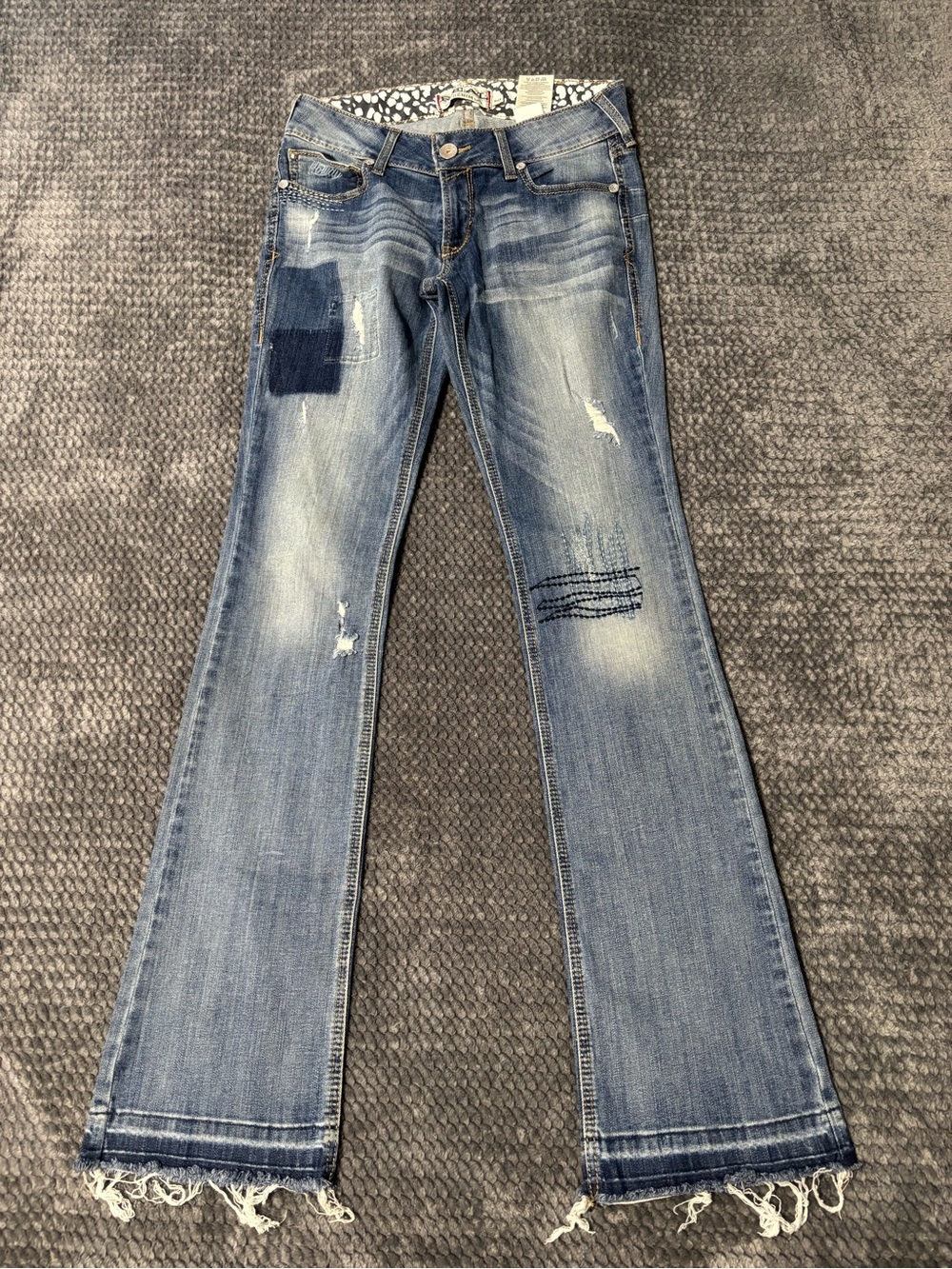 Ariat Real Women's Light Blue Flare Jeans with Distressed Patch Details Size 28L